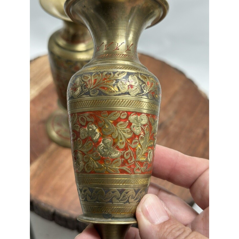 Solid Brass And Red Enamel Etched Mid Century